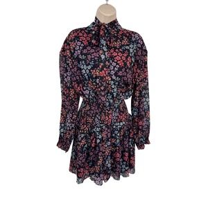AE Studio Floral Print Mini Dress Long‎ Sleeve Tie Neck Smocked Waist M